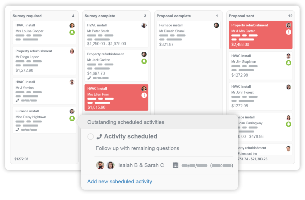 Sales opportunity dashboard showing a scheduled activity