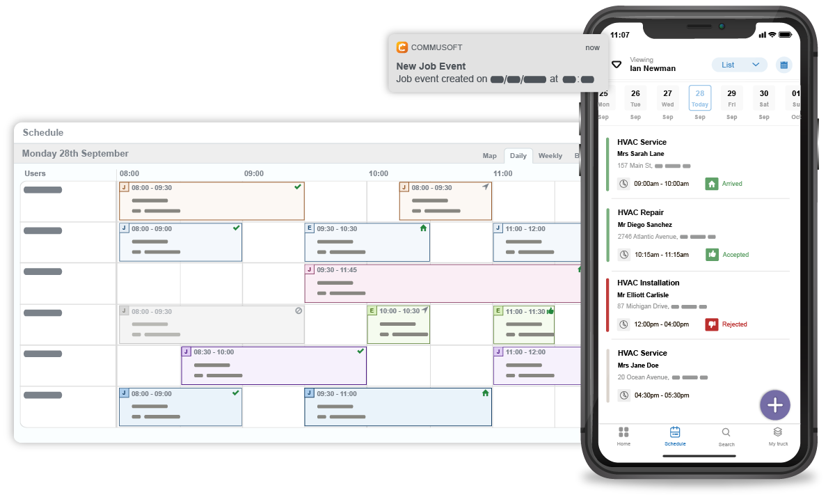 Commusoft service scheduling between web and mobile app