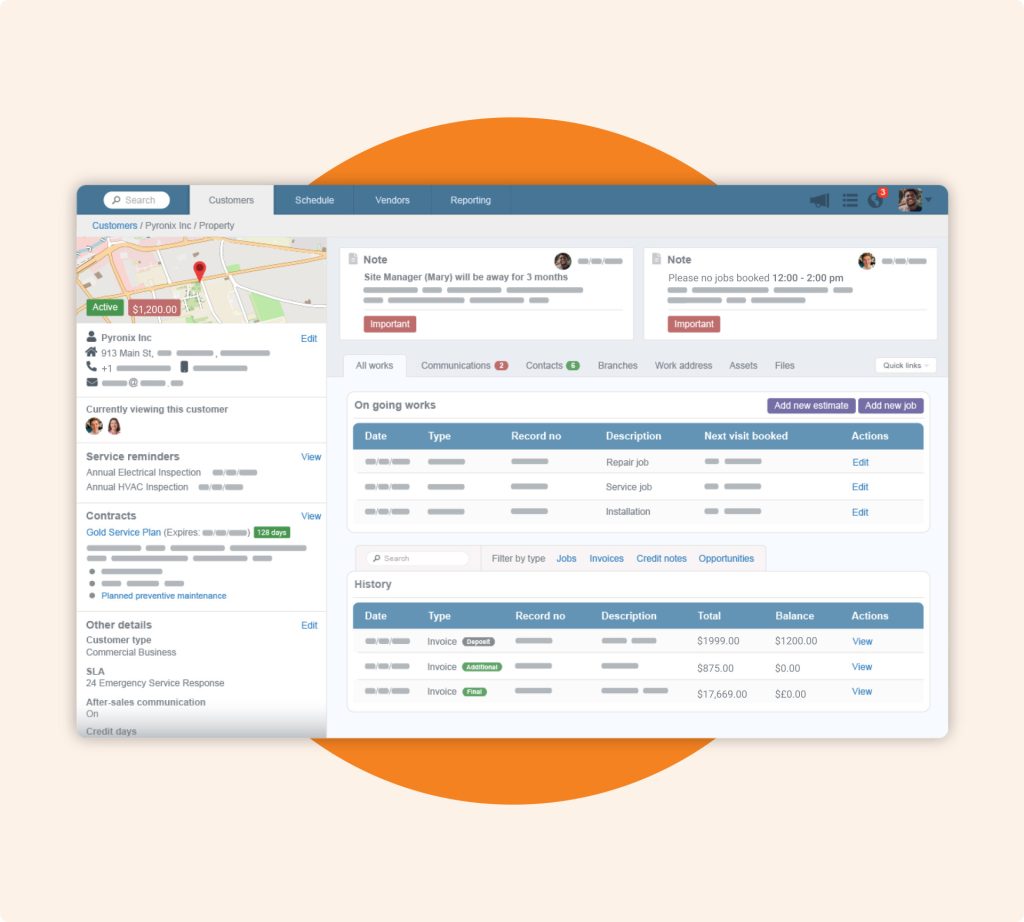 commusoft customer overview screen for admins