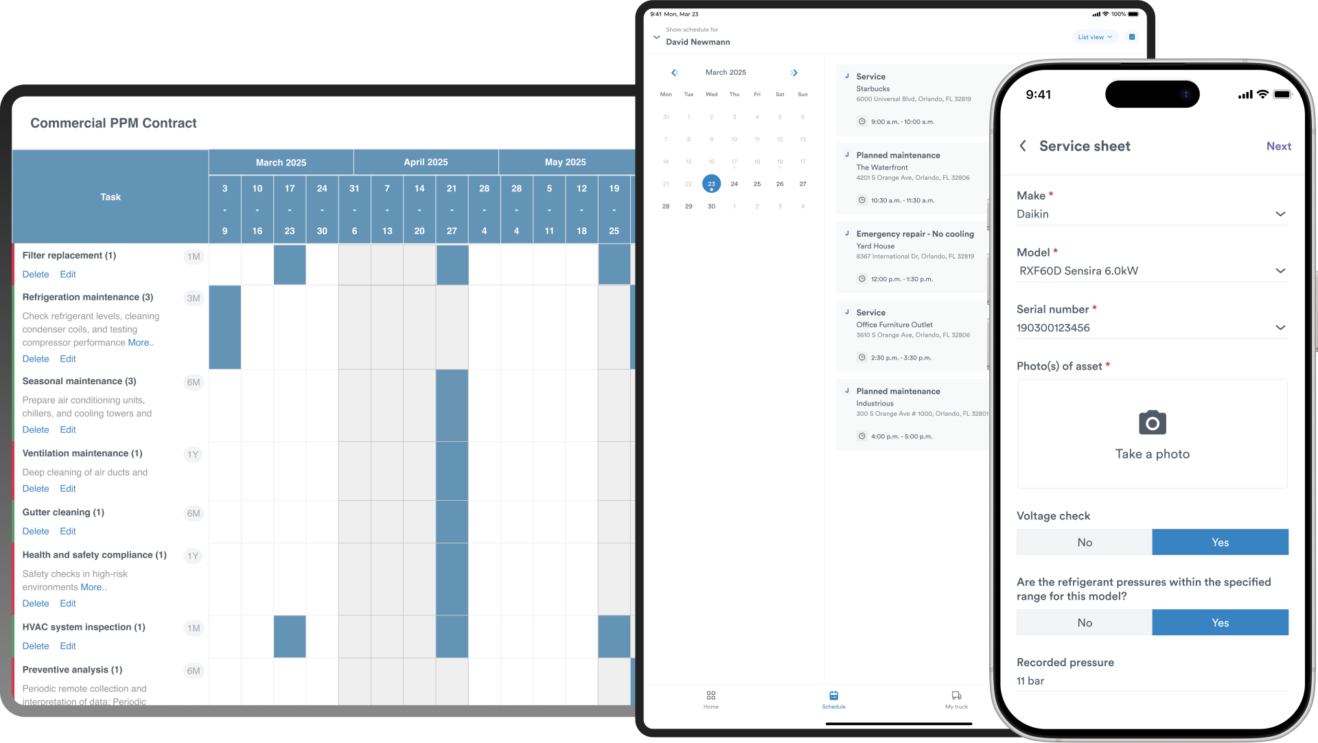 Commusoft software showing PPM, dispatch, and service sheet across various mobile devices